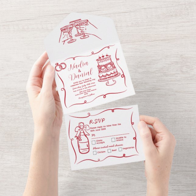 Wedding Hand Drawn Whimsical Red Invite & RSVP (Tearaway)