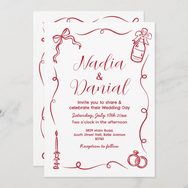 Wedding Hand Drawn Whimsical Red QR Code Invitation (Front/Back)