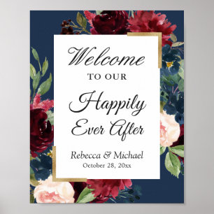 Wedding Happily Ever After Burgundy Blue Floral Poster