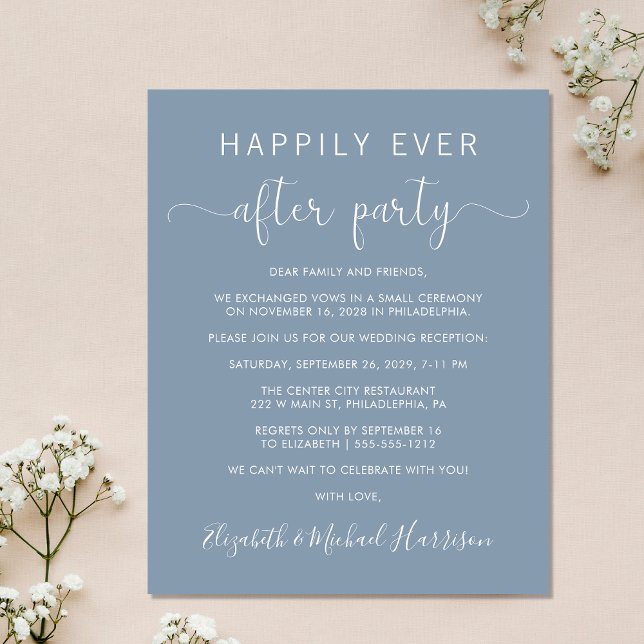 Wedding Happily Ever After Party Dusty Blue Invite (An affordable wedding announcement + reception invitation without compromising on quality or design)