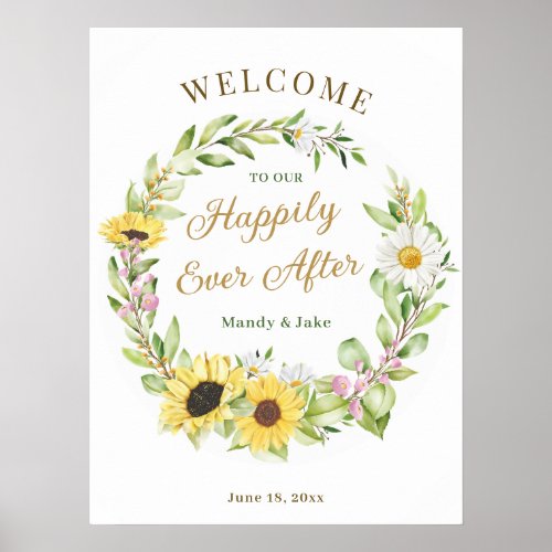 Wedding Happily Ever After Sunflower Daisy Welcome Poster