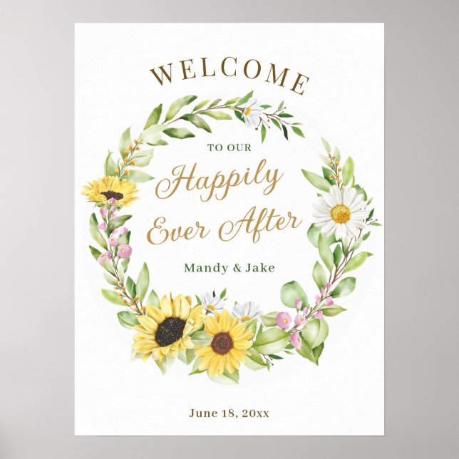 Wedding Happily Ever After Sunflower Daisy Welcome Poster (Front)