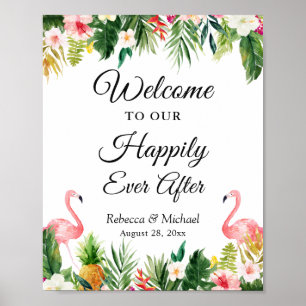 Wedding Happily Ever After Tropical Floral Leaves Poster