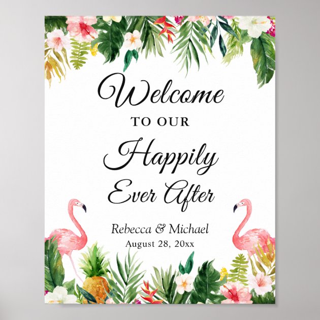 Wedding Happily Ever After Tropical Floral Leaves Poster