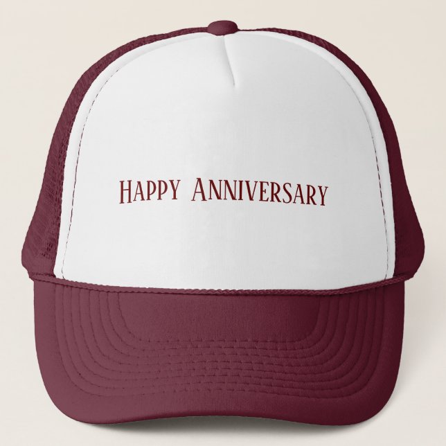 Wedding Happy Anniversary Text Maroon Color Custom Trucker Hat (Front)