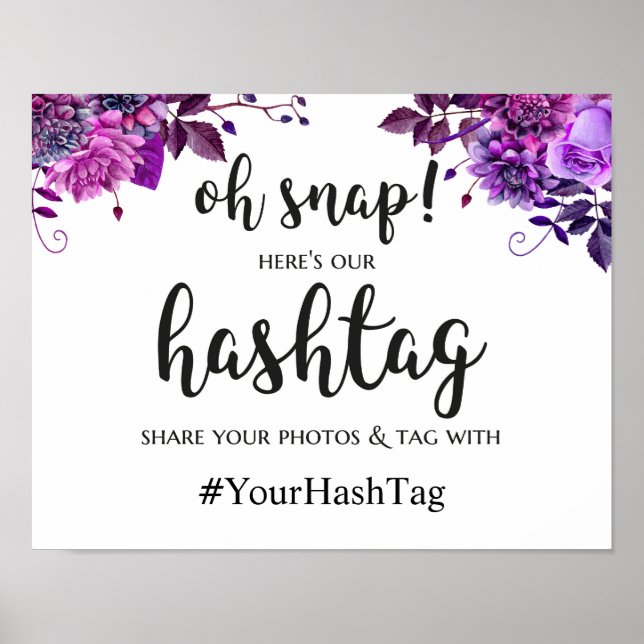 Wedding hashtag sign. Purple instagram poster (Front)
