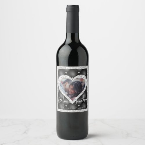 Wedding Heart Custom Photo Black  Silver Diamonds Wine Label