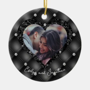Wedding Heart Frame Custom Photo Black Diamonds Ceramic Ornament