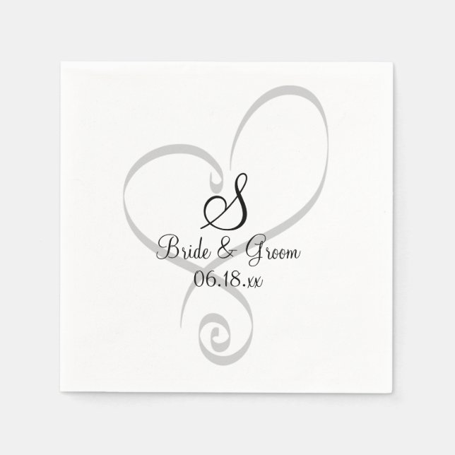 Wedding Heart Monogram Date Names Bride Groom Napkins (Front)
