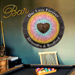 Wedding Heart Pastel Sunset Rustic Wood Tone Name Dart Board<br><div class="desc">Wedding Heart Pastel Sunset Rustic Wood Tone Name Monogrammed,  Our Love Forever.  This rustic Wood Grain Dartboard makes the perfect personalized Wedding Game Gift for Newly weds,  house Warming giftss etc...  and just everyday fun. Our easy-to-use template makes personalizing simple and fun.</div>