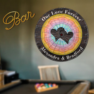 Wedding Heart Pastel Sunset Rustic Wood Tone Name Dart Board