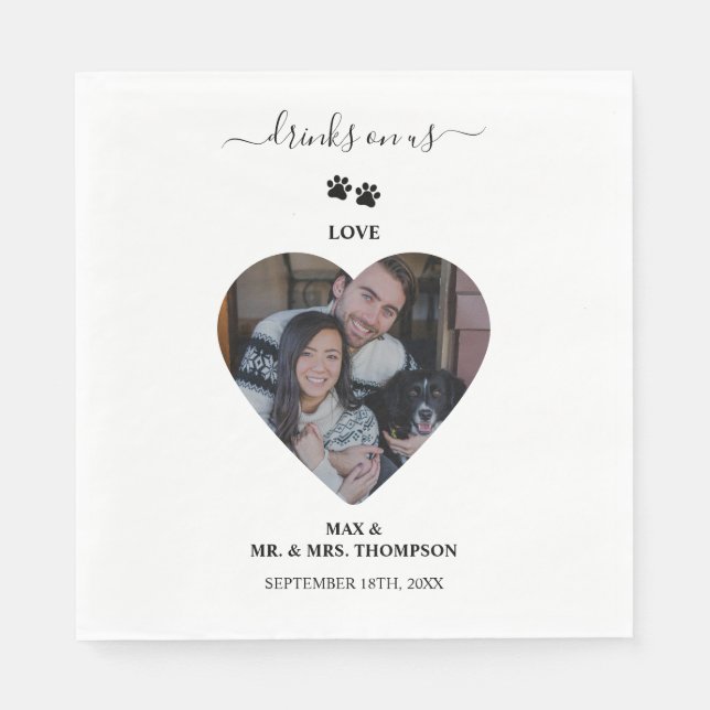 Wedding Heart Photo Couple Pet Dog Drinks on Us Napkins (Front)