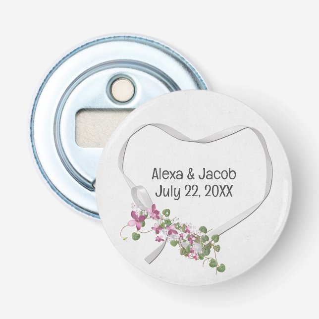 Wedding Heart Ribbon and Flowers Bottle Opener (Front)