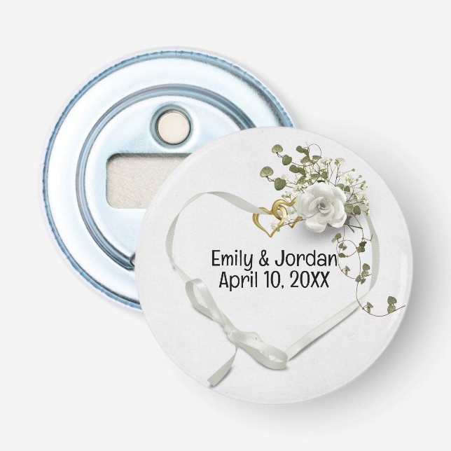 Wedding Heart Ribbon and Heart Rings Bottle Opener (Front)