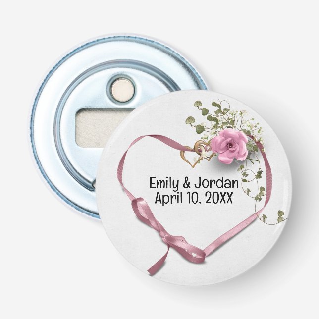 Wedding Heart Ribbon and Heart Rings Bottle Opener (Front)