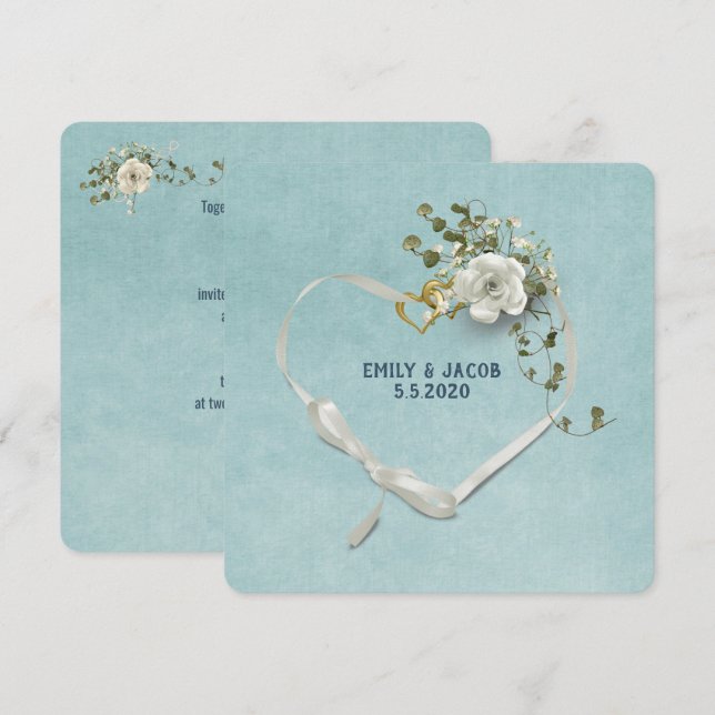 Wedding heart ribbon and rings with rose bouquet invitation (Front/Back)