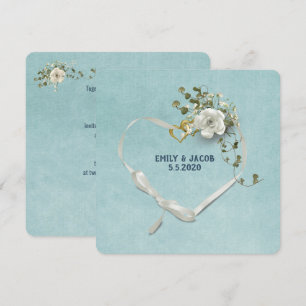 Wedding heart ribbon and rings with rose bouquet invitation