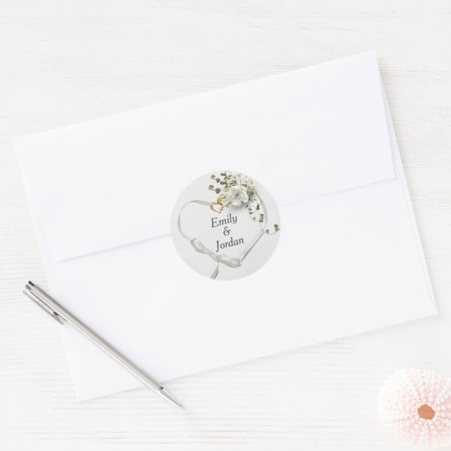 Wedding Heart Ribbon with Names Classic Round Sticker (Envelope)