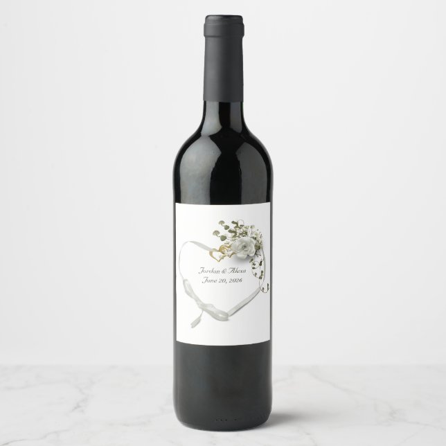 Wedding heart ribbon with rose and ivy wine label (Front)