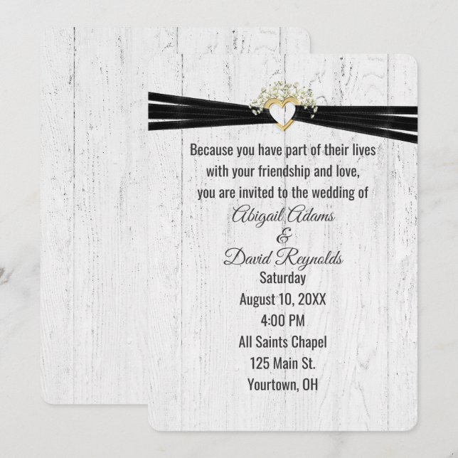 Wedding Heart with Black Ribbon On Wood  Invitation (Front/Back)