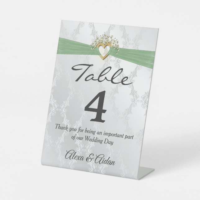 Wedding Heart With Sage Green Ribbon On Damask Pedestal Sign (Front)