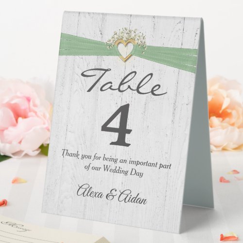 Wedding Heart With Sage Green Ribbon On Wood Table Tent Sign