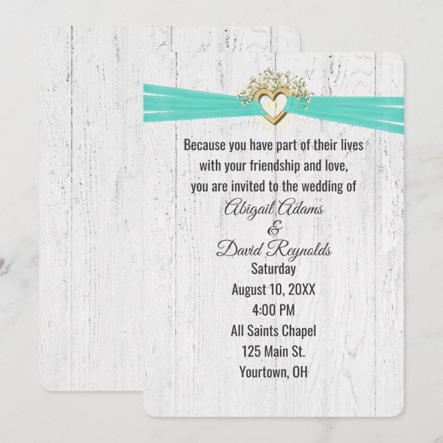 Wedding Heart with Turquoise Ribbon On Wood  Invitation (Front/Back)