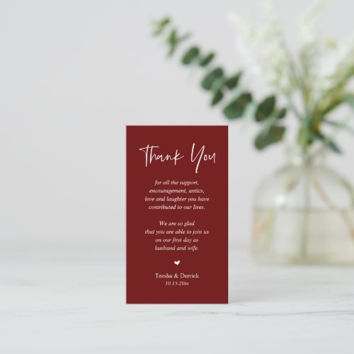 Wedding heartfelt Thank you Burgundy Red Enclosure Card