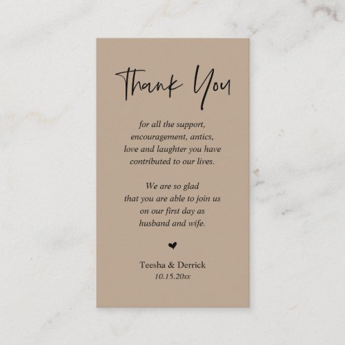 Wedding heartfelt Thank you Light Brown Kraft Enclosure Card