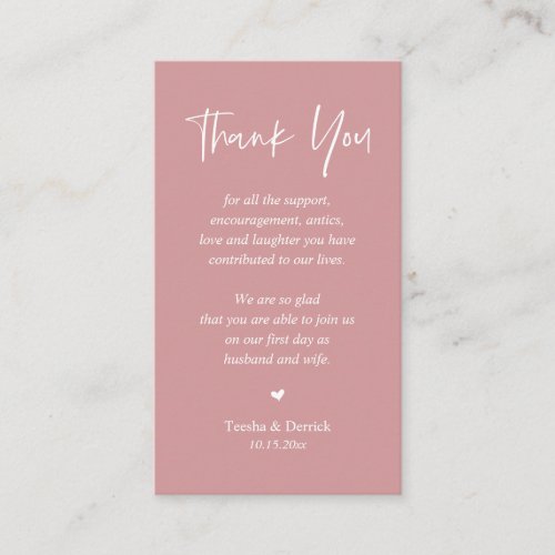 Wedding heartfelt Thank you Pastel Dusty Rose Enclosure Card