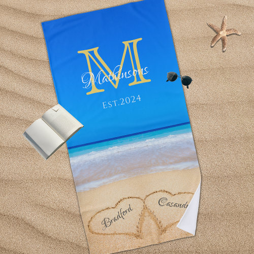 Wedding Hearts in Sand Family Monogram Beach Towel