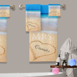 Wedding Hearts in Sand Family Monogram, Brides Mrs Bath Towel Set<br><div class="desc">Wedding Hearts in Sand Family Monogram,  Brides Mrs. Towel.</div>