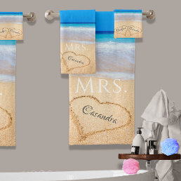 Wedding Hearts in Sand Family Monogram, Brides Mrs Bath Towel Set
