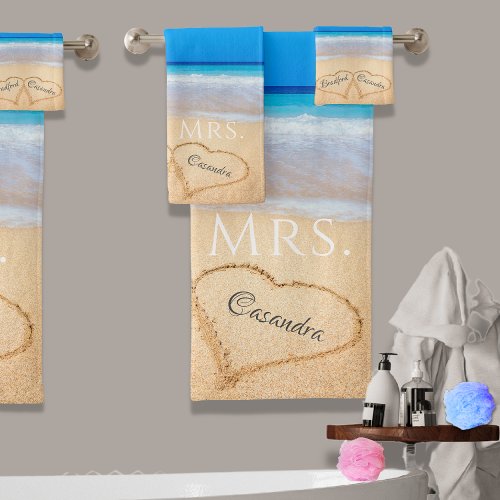 Wedding Hearts in Sand Family Monogram Brides Mrs Bath Towel Set