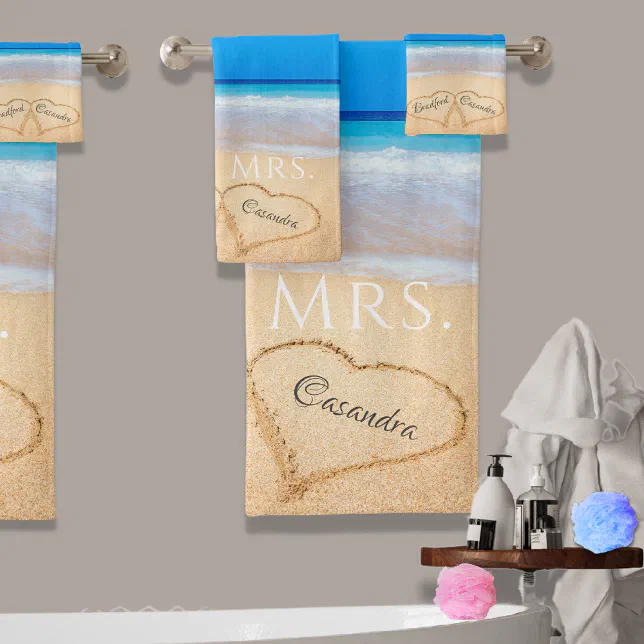 Wedding Hearts in Sand Family Monogram, Brides Mrs Bath Towel Set
