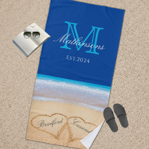 Wedding Hearts in Sand Family Monogram Dark Blue B Beach Towel