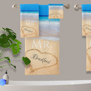 Wedding Hearts in Sand Family Monogram, Groom Mr Bath Towel Set