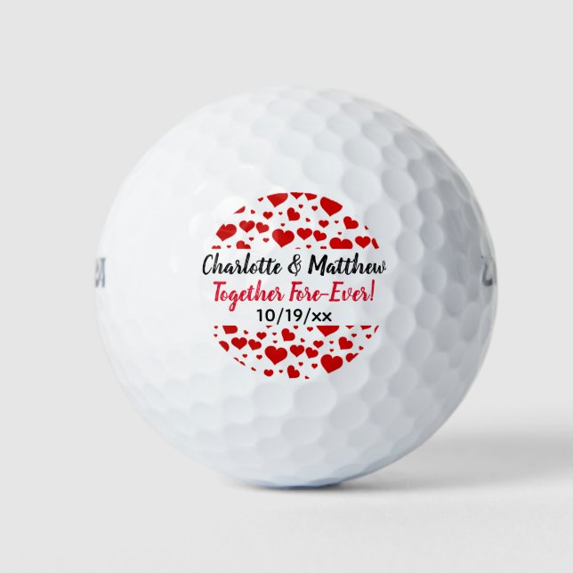 Wedding Hearts Love Red Black Typography Favor Golf Balls (Front)