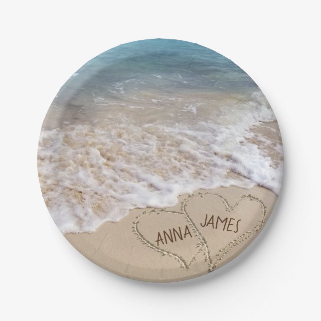 Wedding hearts on beach paper plates (Front)
