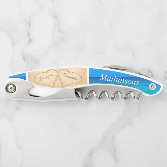 Wedding Hearts Sand Bridesmaid Monogram Waiter's Corkscrew (Front)