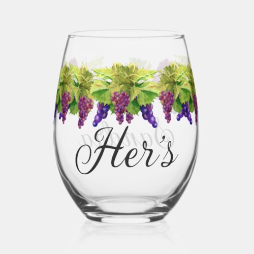 Wedding Hers Monogrammed Name Watercolor Grapes  Stemless Wine Glass