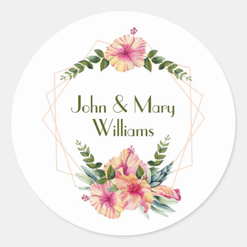 Wedding Hibiscus Frame On White  Classic Round Sticker