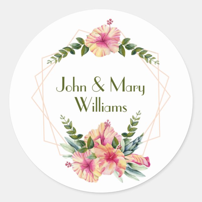Wedding Hibiscus Frame On White  Classic Round Sticker (Front)