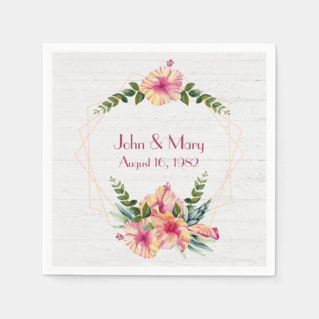 Wedding Hibiscus Frame On Whitewashed Wood Napkins (Front)