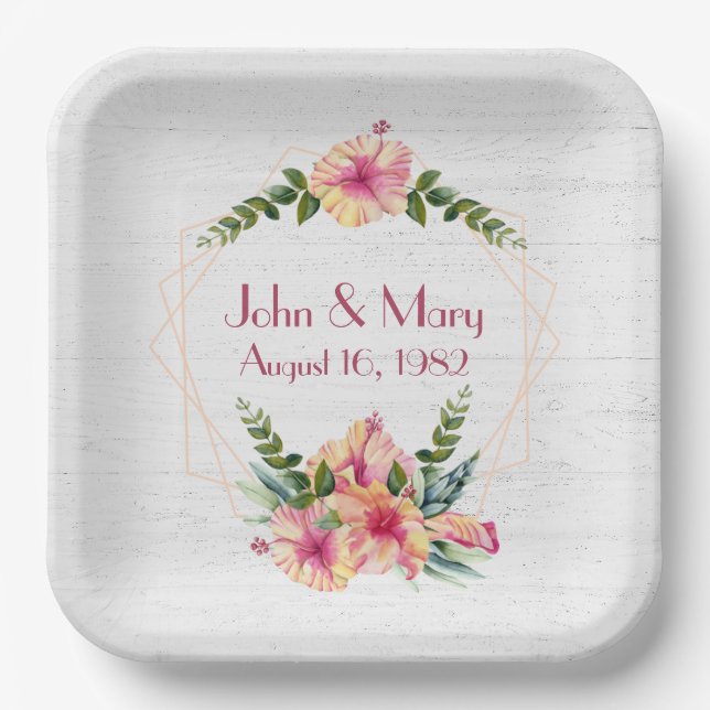 Wedding Hibiscus Frame On Whitewashed Wood Paper Plates (Front)
