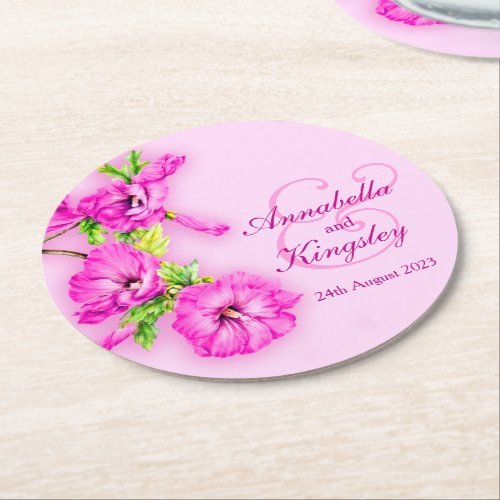 Wedding hibiscus pink watercolor paper coasters