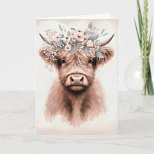 Wedding Highland Cow With Floral Bridal Crown Card