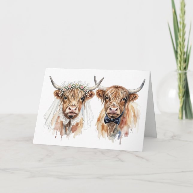 Wedding Highland Cows in Watercolor Card (Front)