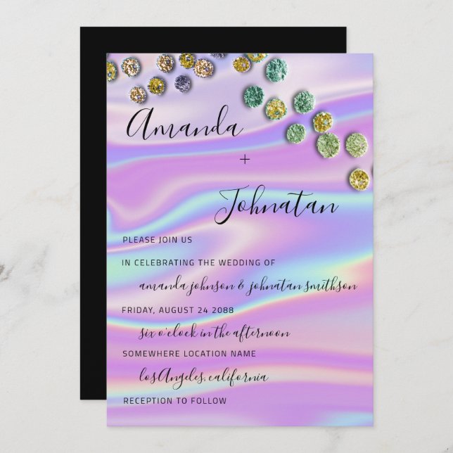 Wedding Holographic Monogram Confetti Invitation (Front/Back)