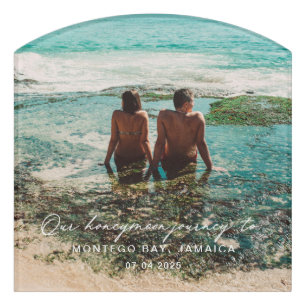 Wedding Honeymoon White Script Destination Magnet Door Sign